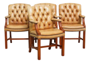 Chesterfield Dining or Conference Chairs in Light Cognac Cowhide Leather, Set of 4