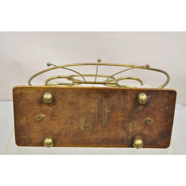 Antique English Victorian Brass and Oak Wood Scrolling Magazine Rack For Sale - Image 9 of 11