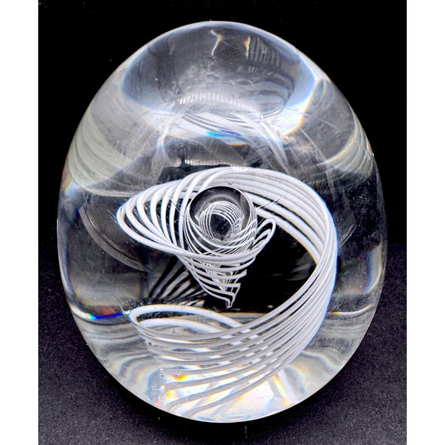 Blue Signed Steuben White Swirl & Bubble Glass Egg Paperweight by George Thompson For Sale - Image 8 of 18