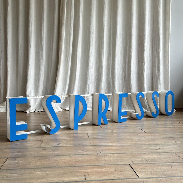 Gigantic vintage ‘Espresso’ sign or advertisement board. Beautiful azure blue acrylic glass letters on a white metal...