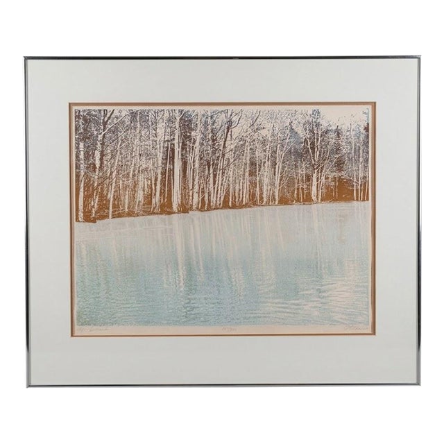 Paula Crane Signed Lithograph Reflections I Forest Lake Vintage Framed Fine Art For Sale