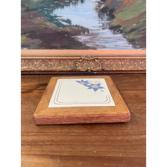 Mid 20th Century Vintage Handcrafted Ceramic Tile With Likely Oak Frame and Blue Floral Motif, Made in Usa. For Sale - Image 5 of 9
