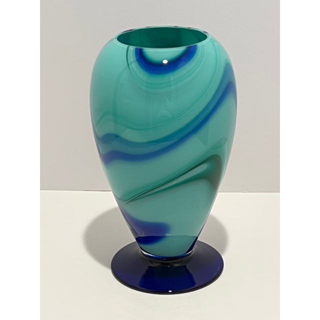 Italian Carlo Moretti Murano Art Glass Vase Aqua Teal Cobalt Swirl Signed Labeled For Sale - Image 3 of 9