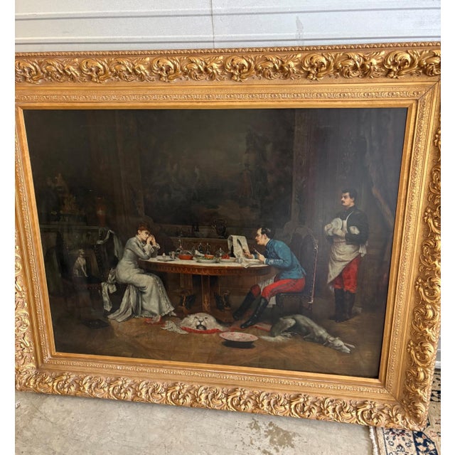 This captivating monumental oil painting presents an elegant glimpse into the sophistication of nineteenth-century...