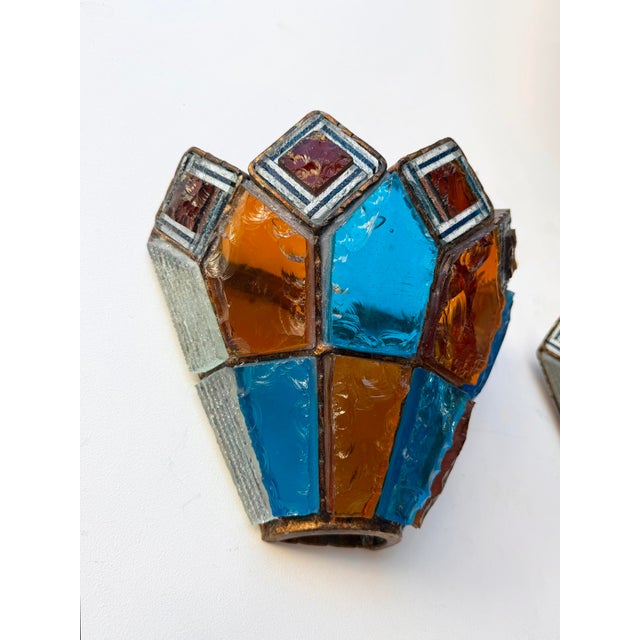 Longobard Pair of Hammered Glass Wrought Iron Sconces by Longobard, Italy, 1970s For Sale - Image 4 of 12