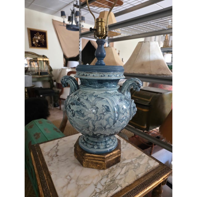 Blue Italian Majolica Blue and White Urn Lamp For Sale - Image 8 of 17