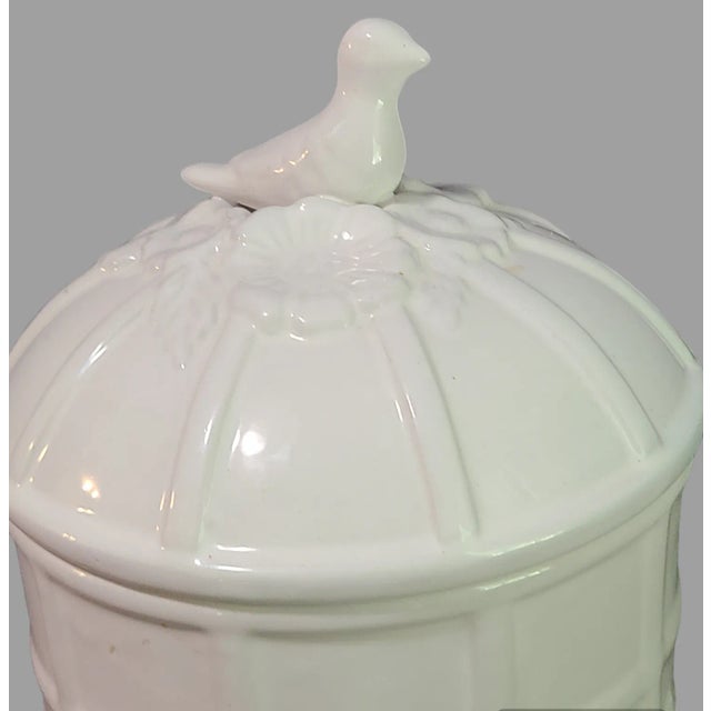 Late 20th Century Vintage White Porcelain Canister Cookie Jar Music Notes Bird Flower Covered Top For Sale - Image 5 of 7