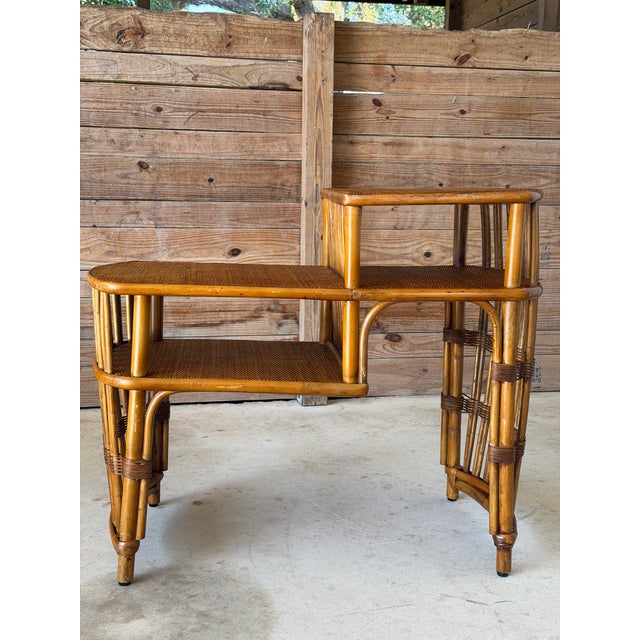 Wood Vintage Boho Rattan Tiered Side-Center Table For Sale - Image 7 of 11