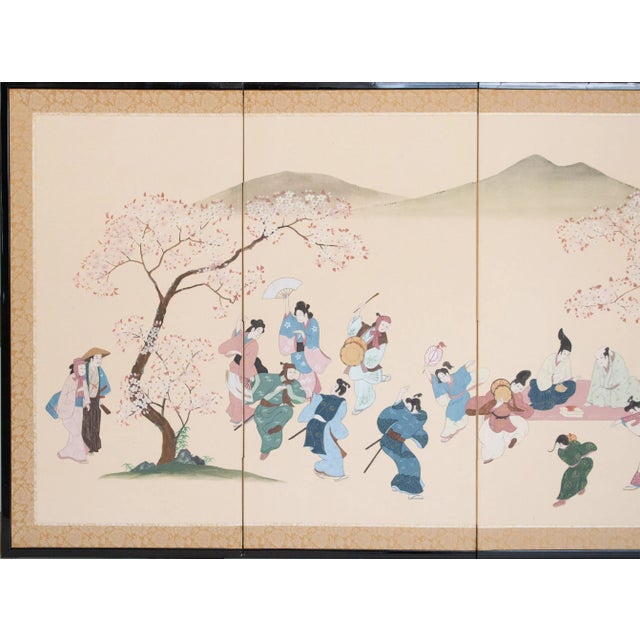 Lovely Shōwa Era 4-Panel Japanese Byobu (folding screen) "Cherry Viewing" by Japanese artist Tanaka Ohen, depicting scene...