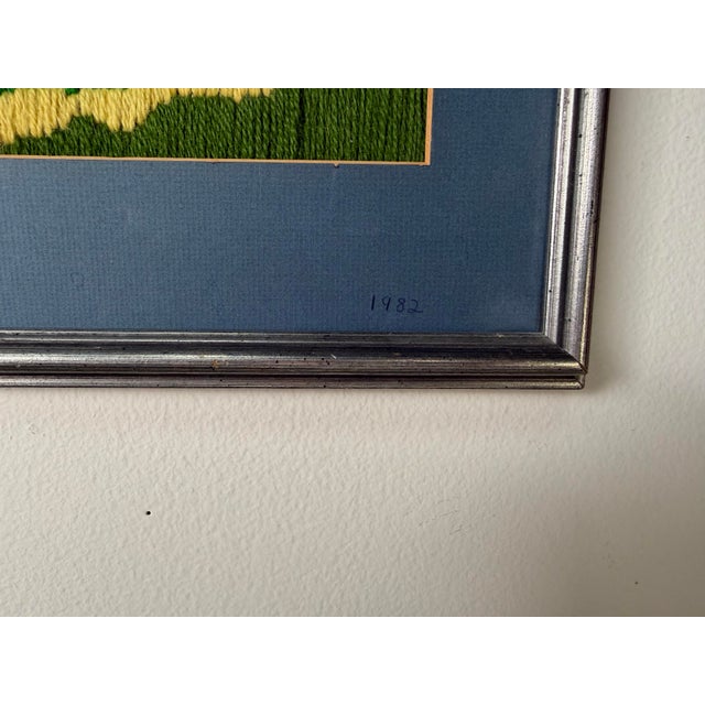 Green 1982 Vintage Needlepoint Hot Air Balloon & Rainbow Artwork – Framed For Sale - Image 8 of 12