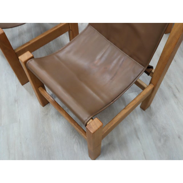 Trestle Beech Writing Desk with Leather Chairs, Italy, 1970s, Set of 3 For Sale - Image 14 of 17