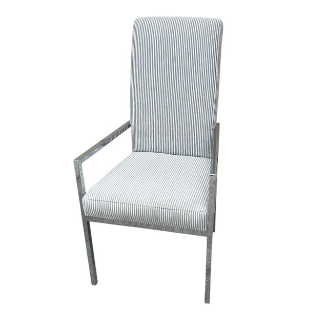 Pair of Milo Baughman style straight chairs with chrome frames. The exposed frames with arms and legs are square tubed...