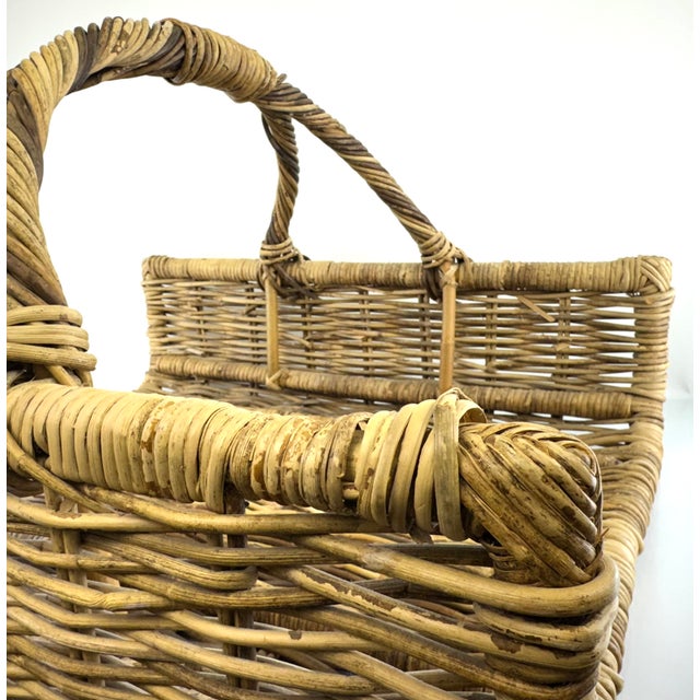 Wood Oversized Vintage French Country Wicker Basket With Twisted Handle – Firewood or Blanket Storage For Sale - Image 7 of 11