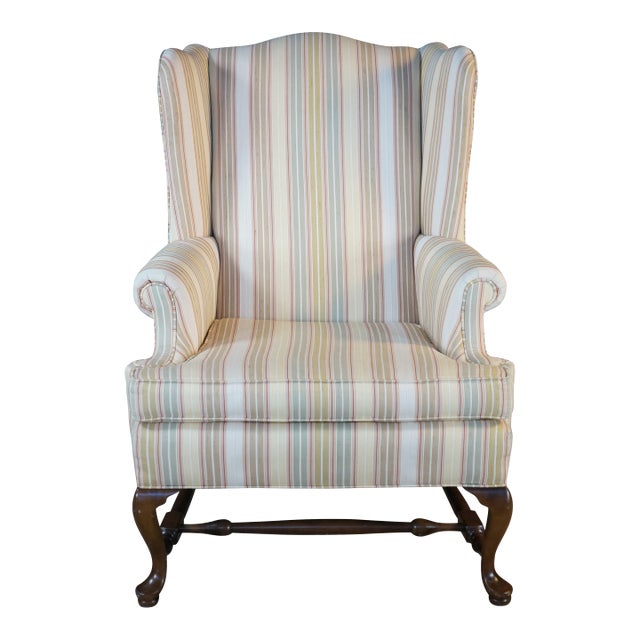 1980s Ethan Ellan Traditional Classics Queen Anne Maple Striped Library Wingback Chair For Sale