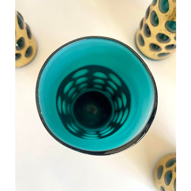 Metal Mid 20th Century Mexican Hand-Blown Caged Blue Art Glass and Brass Glasses Made by Jomeli - Set of 6 For Sale - Image 7 of 12