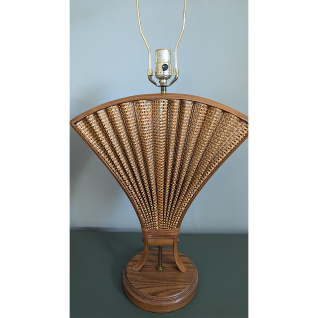 1970s Vintage Woolums Wicker Rattan Fan Table Lamps, Pair of 2, Florida Made For Sale - Image 5 of 14