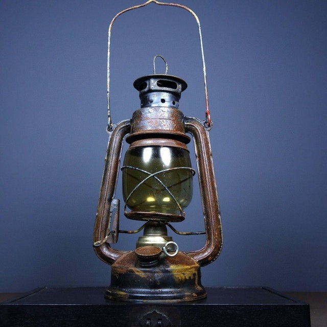 Industrial Vintage Rustic Industrial Kerosene Lantern With Green Glass Globe For Sale - Image 3 of 9