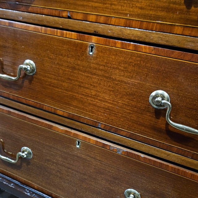 Late 19th Century Edwardian Urn & Swag Inlaid, Satin Banded, Mahogany 5 Drawer Bureau on Bracket Feet For Sale - Image 18 of 18