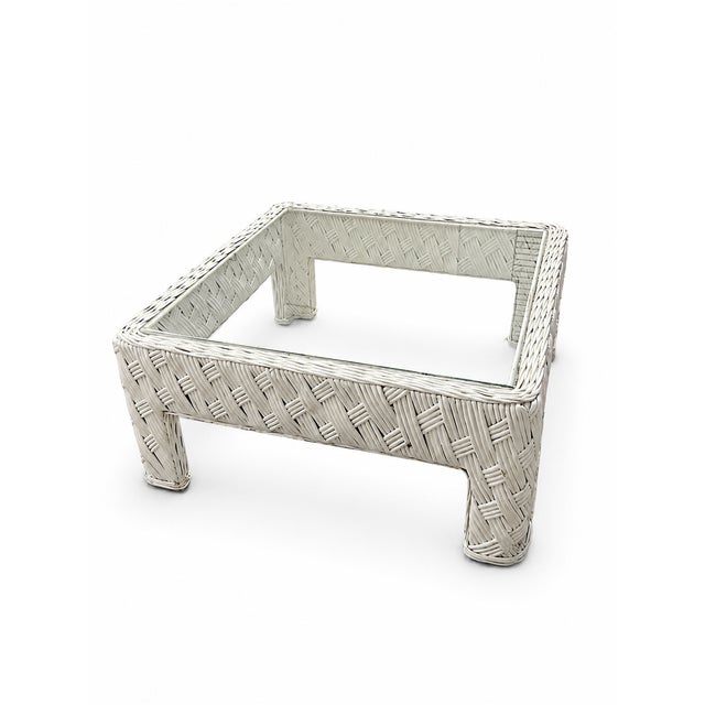 Wood 1980s Coastal White Woven Rattan Glass-Top Coffee Table For Sale - Image 7 of 7