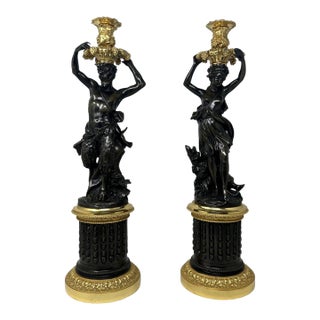 Antique Pair French Bronze Ormolu Candlesticks Albert-Ernest Carrier-Belleuse For Sale
