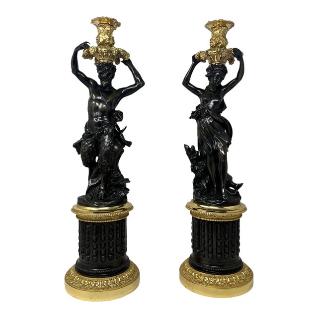 Antique Pair French Bronze Ormolu Candlesticks Albert-Ernest Carrier-Belleuse For Sale