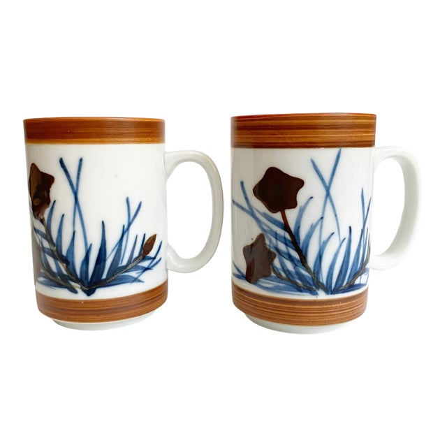 1960s Holt Howard Stoneware Abstract Blue Flowers Coffee Mugs - a Pair For Sale