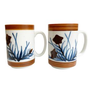 1960s Holt Howard Stoneware Abstract Blue Flowers Coffee Mugs - a Pair