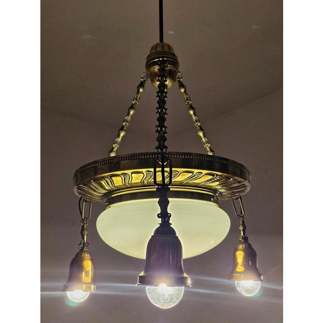 Art Nouveau Polished Brass Chandelier with Opaline Glass Dome, Austria, 1910s For Sale - Image 9 of 12