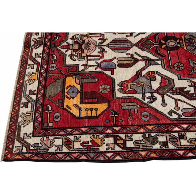 Vintage Handmade Persian Red Geometric Wool Rug 4'2" X 6'4" For Sale - Image 4 of 11