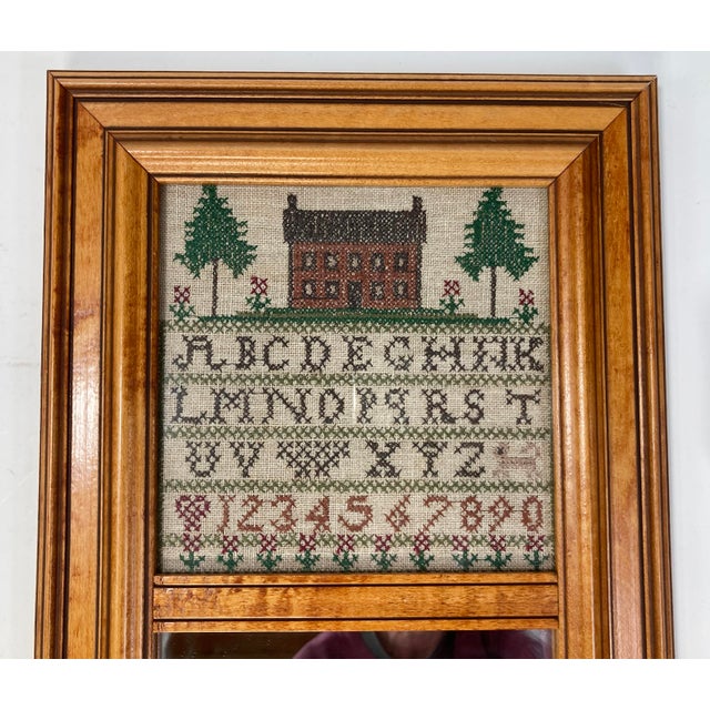 American Vintage Alphabet Cross Stitch Wood Framed Wall Mirror For Sale - Image 3 of 5