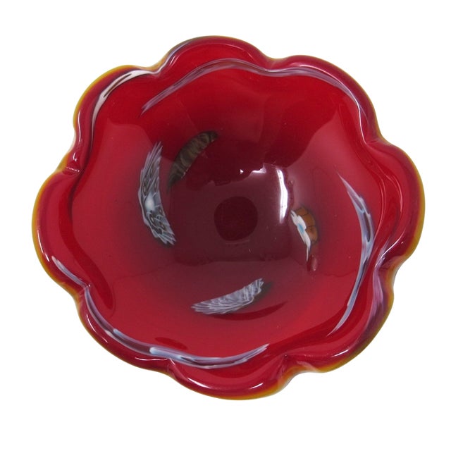 Mid-Century Modern Vintage Murano Red and Opalescent Scalloped Glass Ashtray & Catch-All For Sale - Image 3 of 6