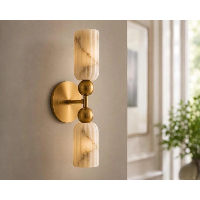 Contemporary Luxury Alabaster Wall Sconce Set of 2, Handcrafted Solid Brass Double Cylinder Wall Sconce, Italian Marble Wall Lamp, Brass Double Light Fixture For Sale - Image 3 of 10