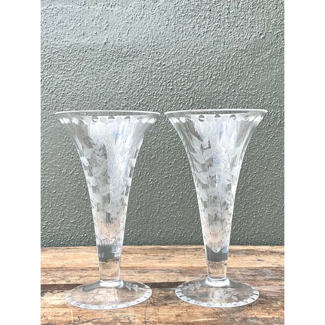 Vintage Etched Glass Trumpet Vases - A Pair For Sale - Image 11 of 12