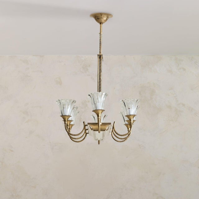 Art Deco Italian Murano Fluted Glass + Brass 8-Arm Chandelier, 1940s For Sale - Image 3 of 11