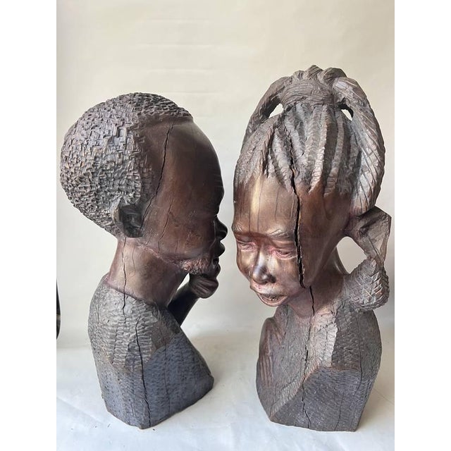 Pair of Vintage Traditional African Ebony Wood Man & Woman Carving Busters For Sale - Image 12 of 17