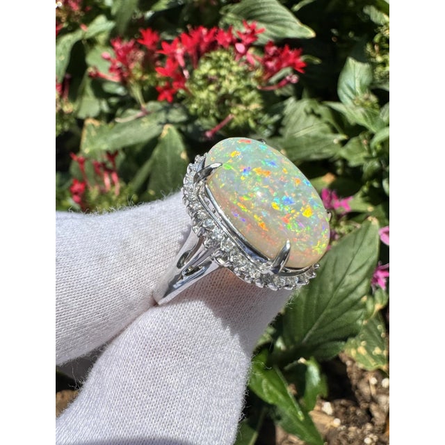 Modern 7.86 Carat Natural White Opal and Diamond Halo Platinum Ring For Sale - Image 3 of 12