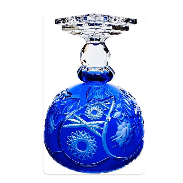 Large Bohemian Style Blue Crystal Centrepiece Pedestal Bowl on Ball Stem and Square Base, 1960s For Sale - Image 10 of 12