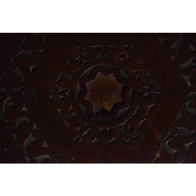 1970s Vintage Authentic Hand Carved Moroccan Side Table Glass Mother of Pearl Inlay For Sale - Image 5 of 9