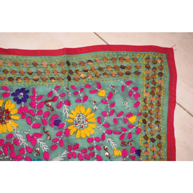 Contemporary Vintage Suzani Embroidery in Teal Background with Yellow Pink Turquoise For Sale - Image 3 of 13