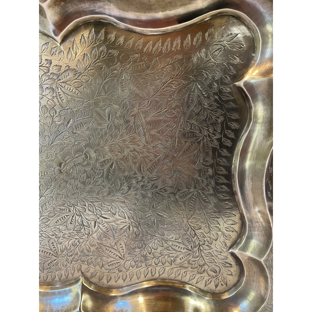 Vintage Brass Scalloped Edge Etched Tray For Sale - Image 9 of 12