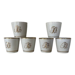 Antique 18th Century English Porcelain White & Gold Monogrammed Coffee Cups or Cans - Set of Six For Sale