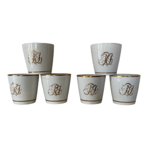Antique 18th Century English Porcelain White & Gold Monogrammed Coffee Cups or Cans - Set of Six