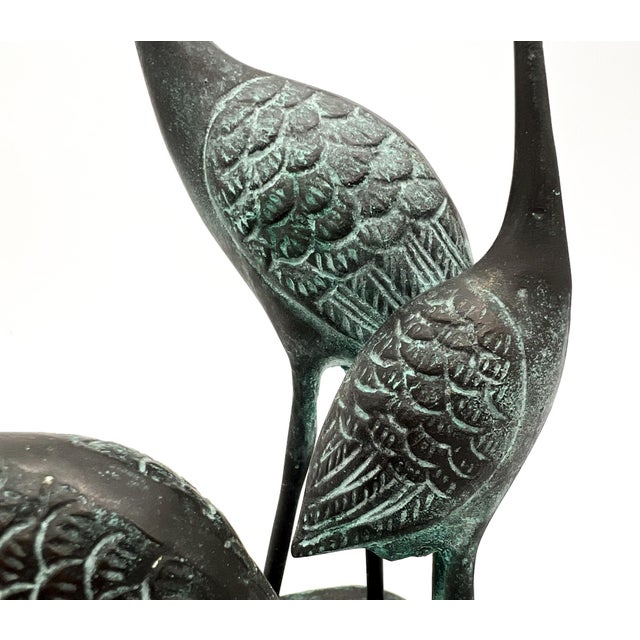 Verdigris Vintage Verdigris Bronze Crane Trio Sculpture - Mid-Century, Asian Inspired, Coastal For Sale - Image 8 of 12