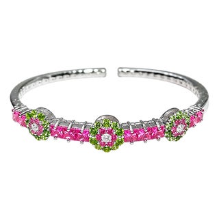 Late 20th Century 18K White Gold Pink Sapphire Green Garnet Diamond Bangle Bracelet For Sale