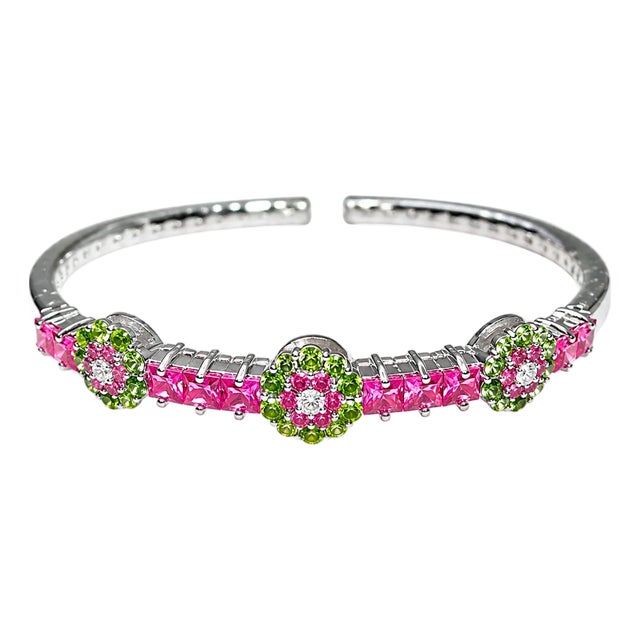 Late 20th Century 18K White Gold Pink Sapphire Green Garnet Diamond Bangle Bracelet For Sale