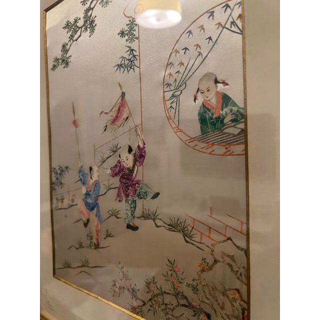 White Rare 1950's Framed Cut Postal Stamps on Silk For Sale - Image 8 of 12