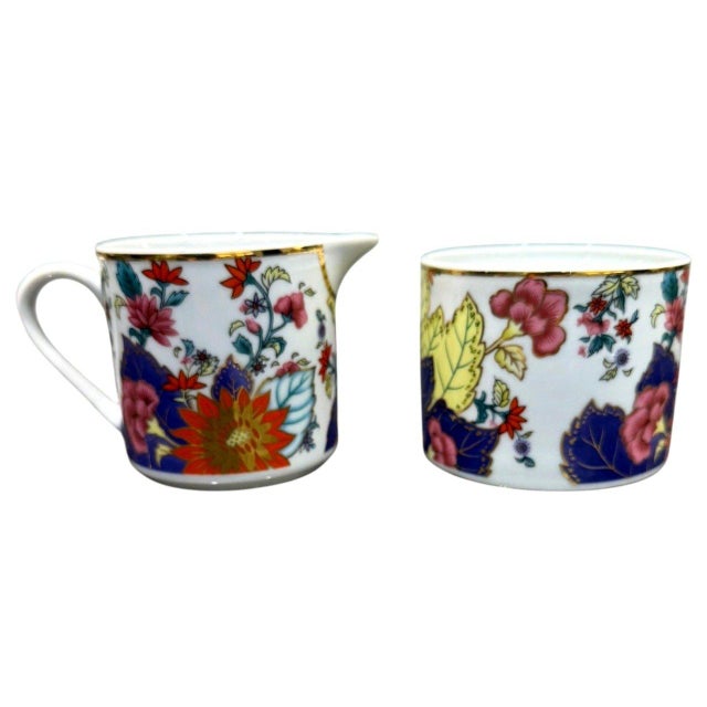 Traditional Late 20th Century Imperial Leaf Tobacco Leaf Porcelain Creamer Open Sugar Bowl Floral Gold Trim For Sale - Image 3 of 4