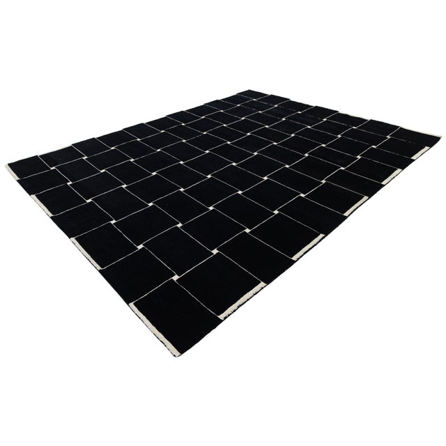 Contemporary Graphic Basketweave Black and Cream Wool Rug Modernist Grid 8x10 For Sale - Image 12 of 12