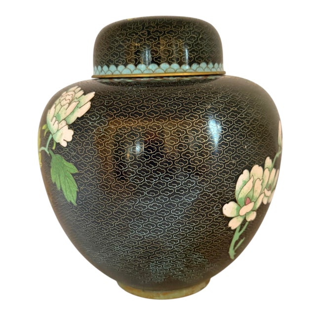 Hollywood Regency Mid 20th Century Chinese Black Cloissone 8” Lidded Ginger Jar With Colorful Peony Motif For Sale - Image 3 of 12