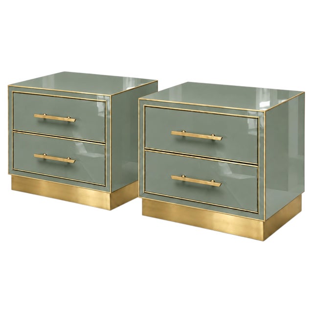 Sage Green Murano Glass Nightstands with Brass Plinth from Justfurnituress SRL, Set of 2 For Sale - Image 9 of 9